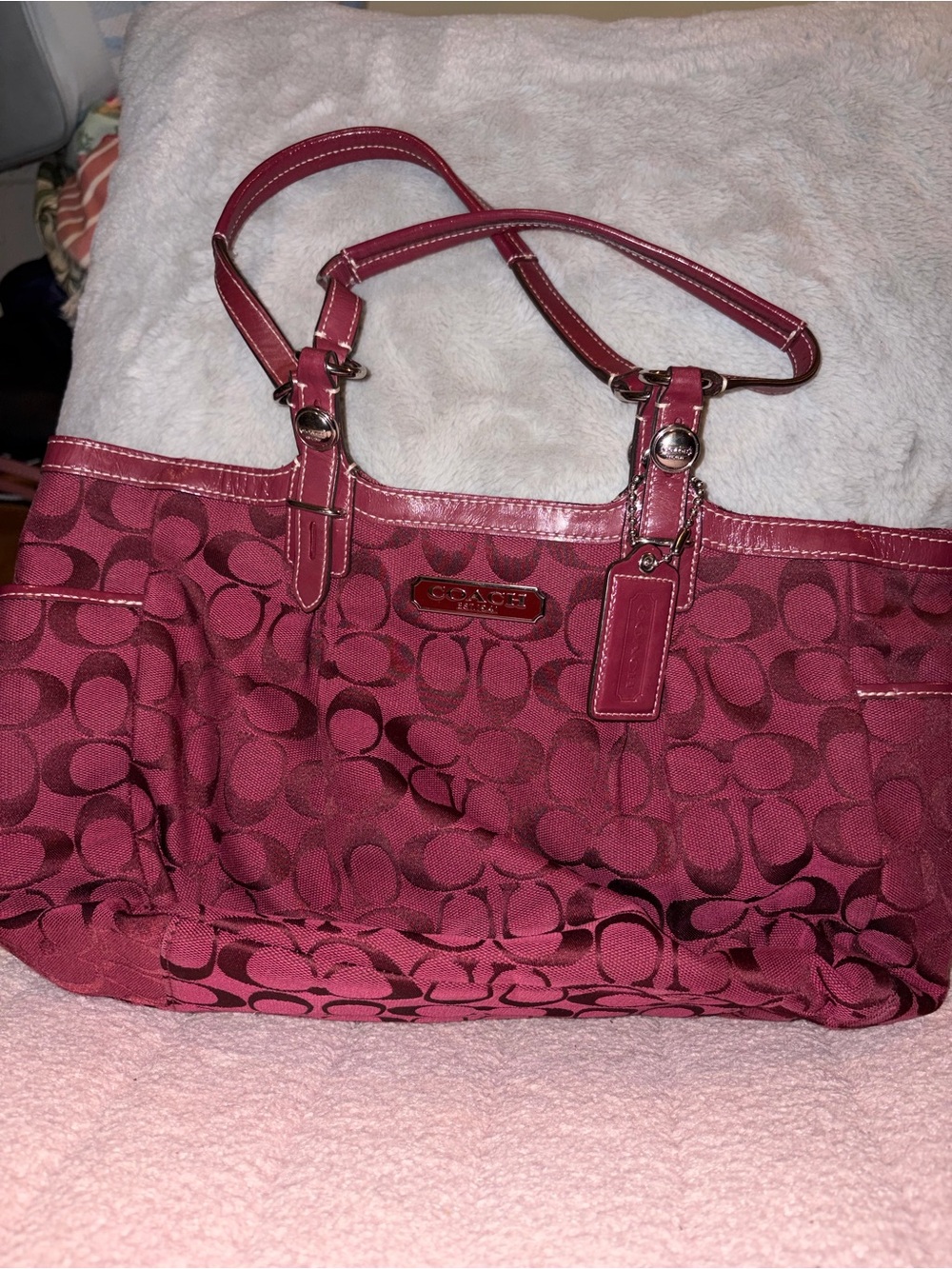 Coach Burgundy Signature Jacquard Tote - Picture 2 of 6